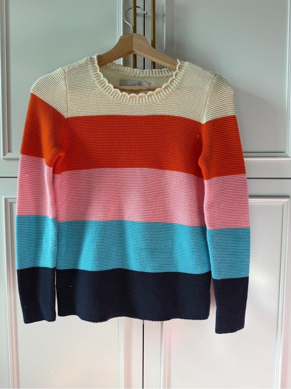 LOFT Striped Crewneck Sweater in Cream, Orange, Pink, Turquoise, Navy